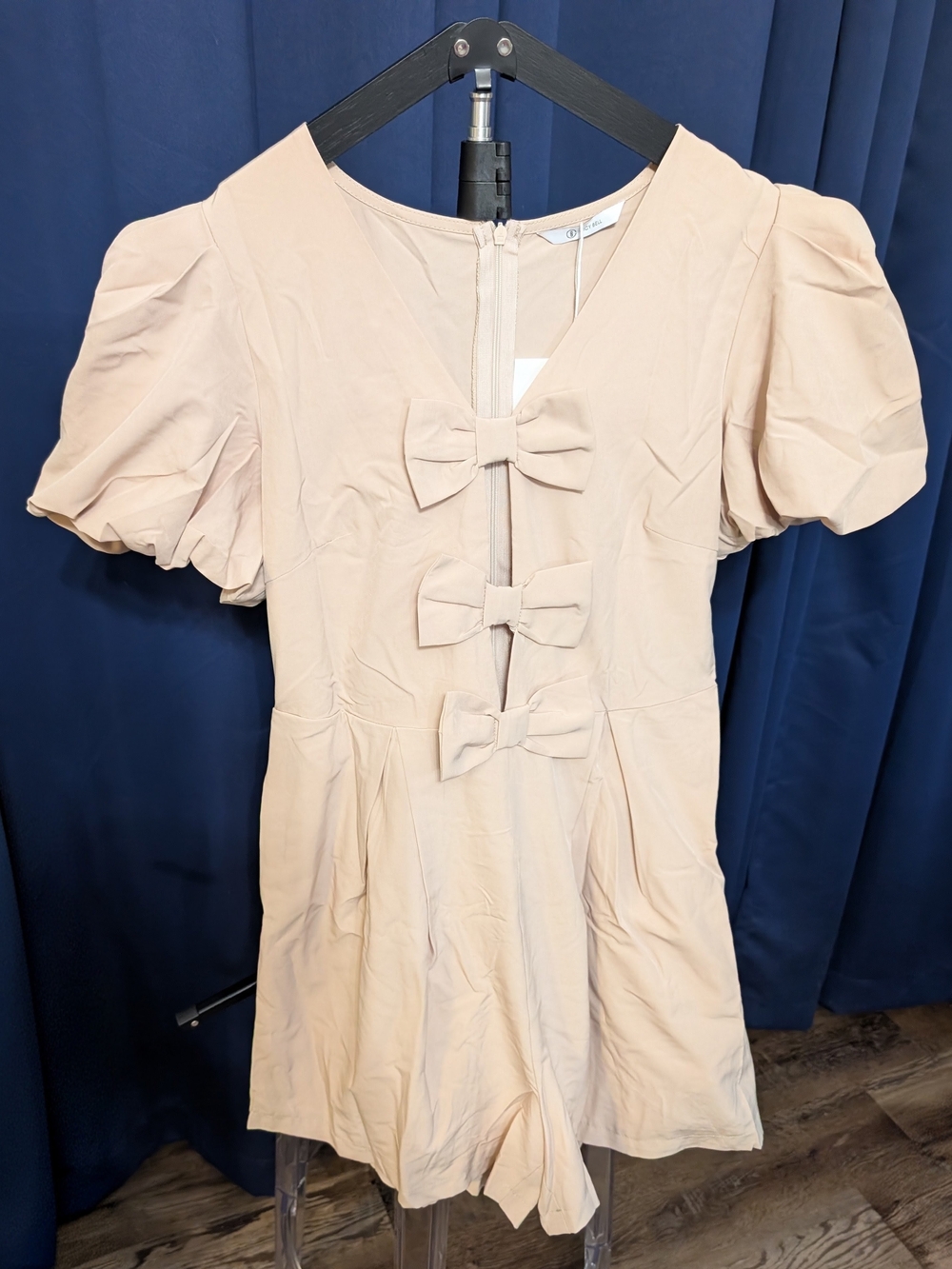 Bow-Front Puff Sleeve Romper Dress in Tan